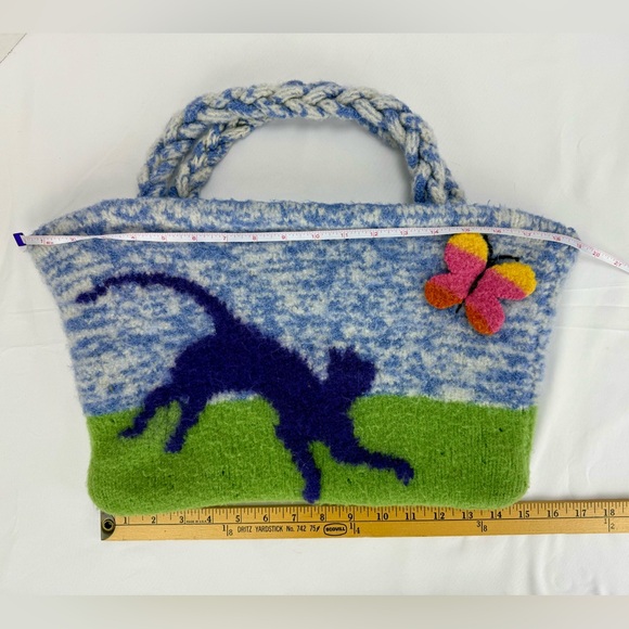 Rare Handmade Felted Wool Knitting Bag Cat & Butterfly Design, Craft Yarn Unique - Picture 4 of 8